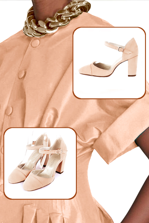 Women's powder pink elegant closed-back heels, with an instep strap. Round toe. High block heels - Worn view